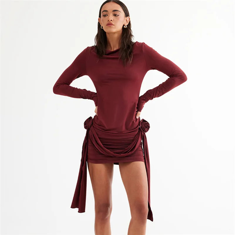 Tossy Floral Fashion Pleated Mini Dress For Women Slim High Waist Solid Casual Autumn 2024 Sexy Dress Female Bodycon Dress New