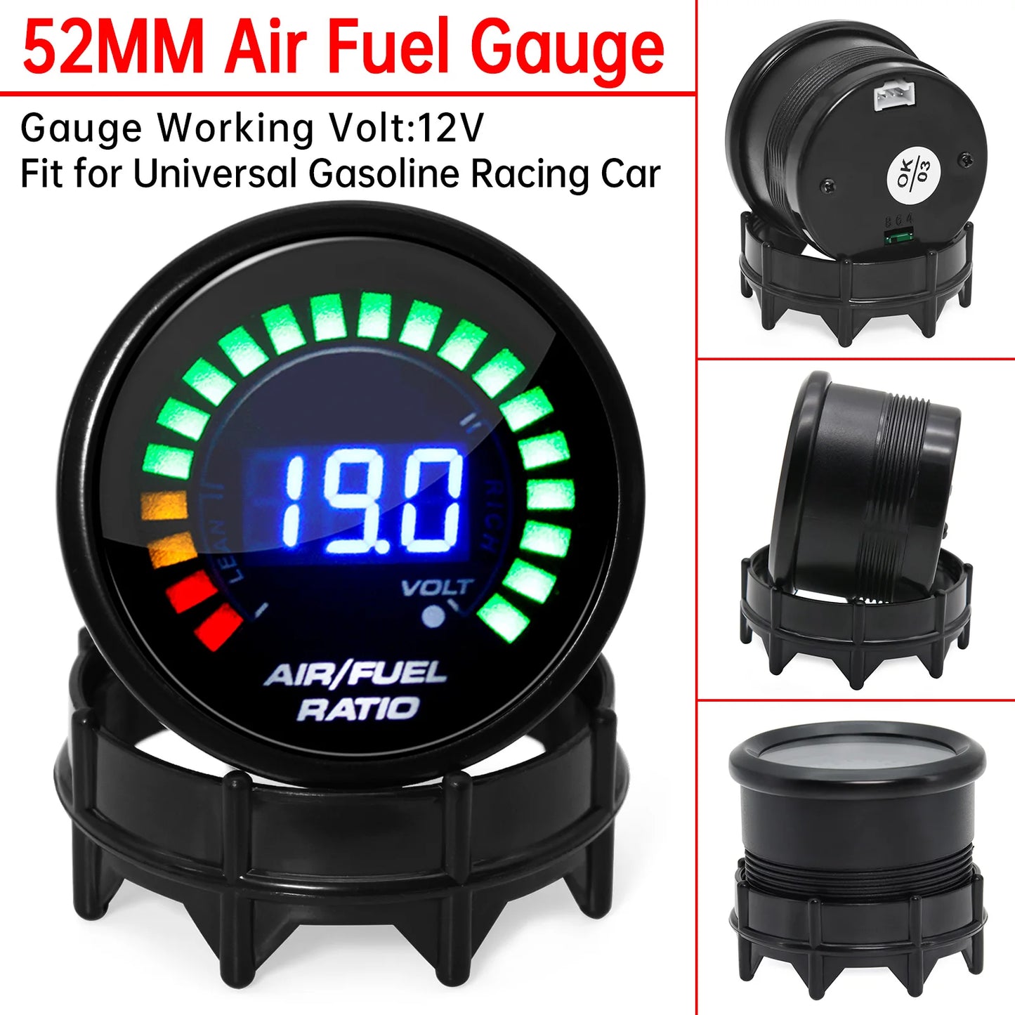 2'' 52mm Air Fuel Ratio Gauge 2 In 1 Voltmeter AFR Car Gauge Can Be Paired With Narrowband O2 Oxygen Sensor Fit for 12V Vehicle