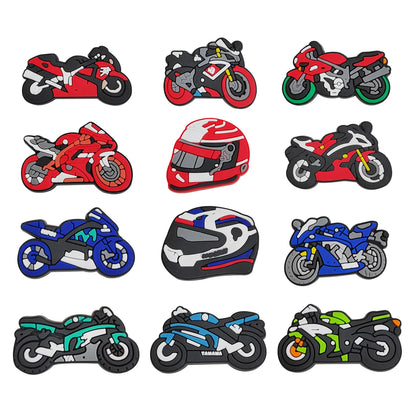 12-100Pcs Mix Motorcycle Helmet PVC Shoe Charms Cool Man Woman Sandal Buckle Decorations Fit Birthday Gift