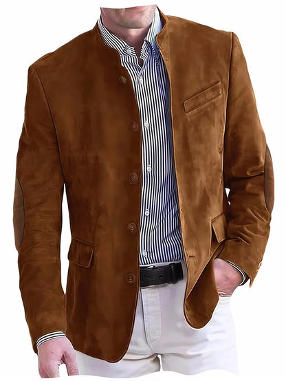 Men's Casual Blazer Flannel Suit Jacket With Elbow Patches Band Collar Brown Button Daily  Casual Slim Fit Customized Business
