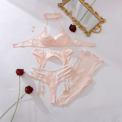 2025 French style hanging neck pure desire sexy steel ring gathering shaping underwear split set with leg socks