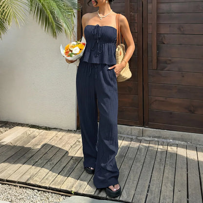 Women's 2 Piece Outfits Summer Strapless Top and Wide Leg Pants Set Textured Pleated Lounge Set Vacation Beach Wear 2026