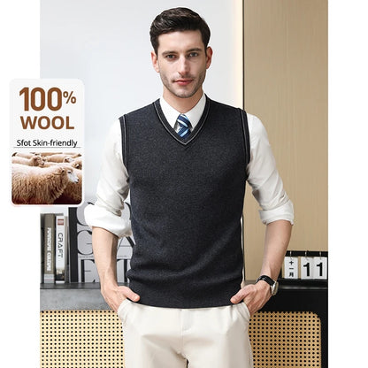 High End 100% Wool New Autum Winter Fashion Brand Knit Pullover Sweater Vest Slim Fit V-neck Sleeveless Casual Mens Clothing