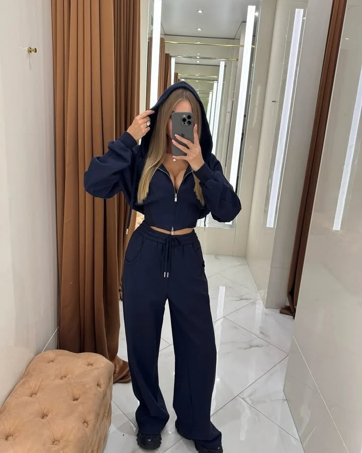Fashionable Casual Hooded Zipper Sweatshirt Pants Set Women's Long Sleeve Autumn Collection Online Exclusive Two-Piece Ensemble