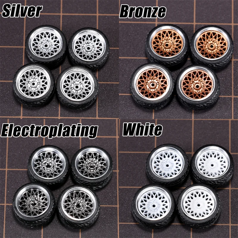 1/64 Model Car Wheels 4 Sets-11mm Diameter ABS Rubber Tires with Brake Disc-Upgrade Parts for Tomica Hot Wheels Diecast Vehicles