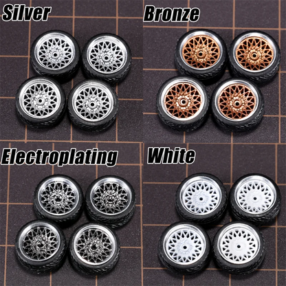 1/64 Model Car Wheels 4 Sets-11mm Diameter ABS Rubber Tires with Brake Disc-Upgrade Parts for Tomica Hot Wheels Diecast Vehicles
