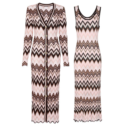 25278 High-quality Spring And Autumn Fashion Elastic Knitted Long Sleeved Cardigan Long Coat+sleeveless Dress Women's Set
