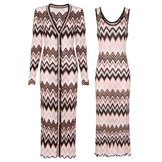 25278 High-quality Spring And Autumn Fashion Elastic Knitted Long Sleeved Cardigan Long Coat+sleeveless Dress Women's Set