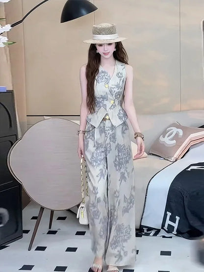 Retro Money Style Women's Summer New Design Sleeveless Outerwear Tank Top High Waist Casual Pants Two-Piece Set Trendy