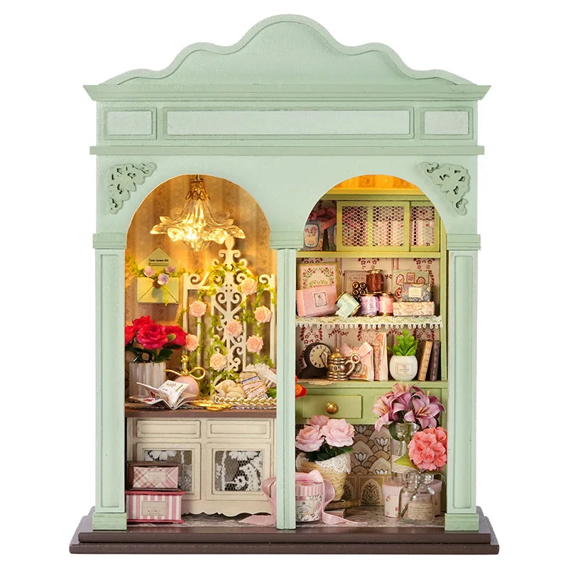 DIY Miniature Dollhouse Kit with LED Light Handmade Wooden Flower Shop Book Nook Creative 3D Puzzle Model Building Set for Gifts