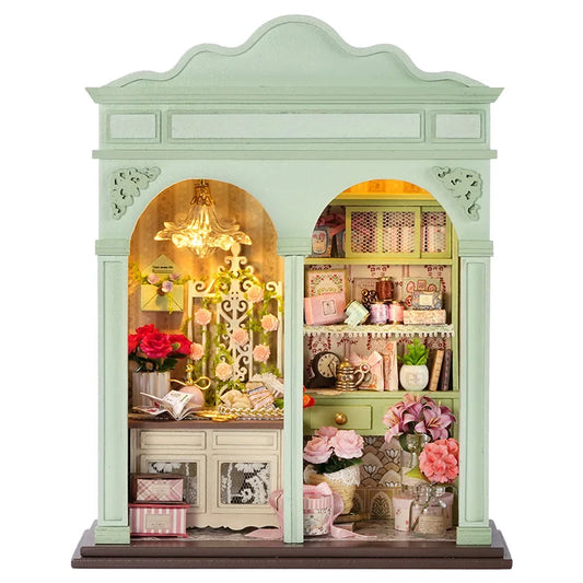 DIY Miniature Dollhouse Kit with LED Light Handmade Wooden Flower Shop Book Nook Creative 3D Puzzle Model Building Set for Gifts