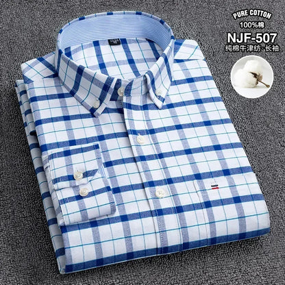 100-220 catties Plus Size Men's Shirt 100% Cotton Long Sleeve Business Casual All Oxford Spinning Plus Size Plaid Shirt