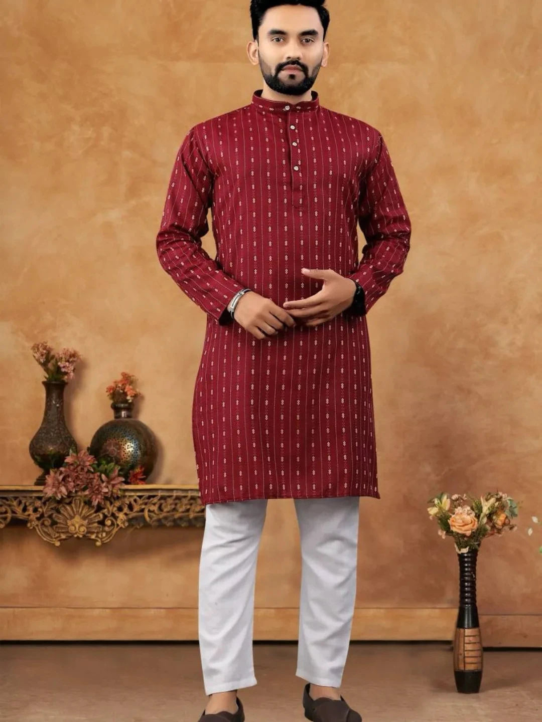 Luxury Islamic Arabic Abaya Robe National Style Ethnic Print Stand Collar Youth Mid-length Ropa Arabe Hombre Kurta For Men