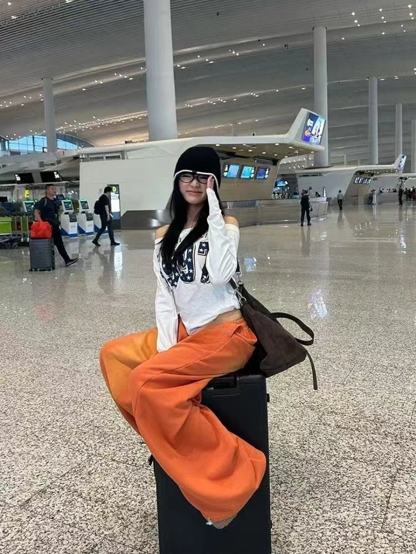 NUOMICI Women's Jeans Orange Mid Low Waist Washed Retro Wide Leg Loose Sports Kpop Hip-hop Street Pants Fashion Women's Pants