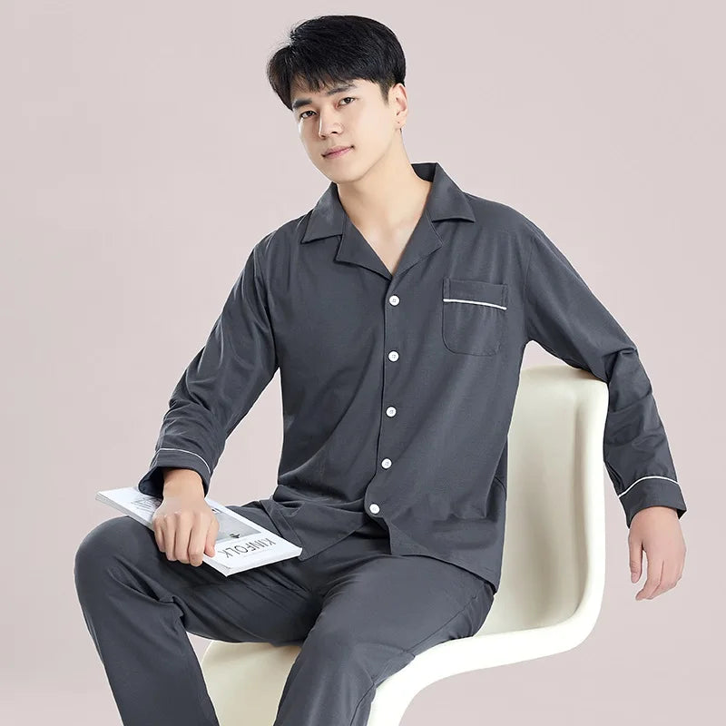 Blue Cotton Pajamas Winter Men Sleepwear Nightwear Full Sleeves PJ Pijama Hombre Home Clothes 2 Pieces Set Cotton Pyjama Homme