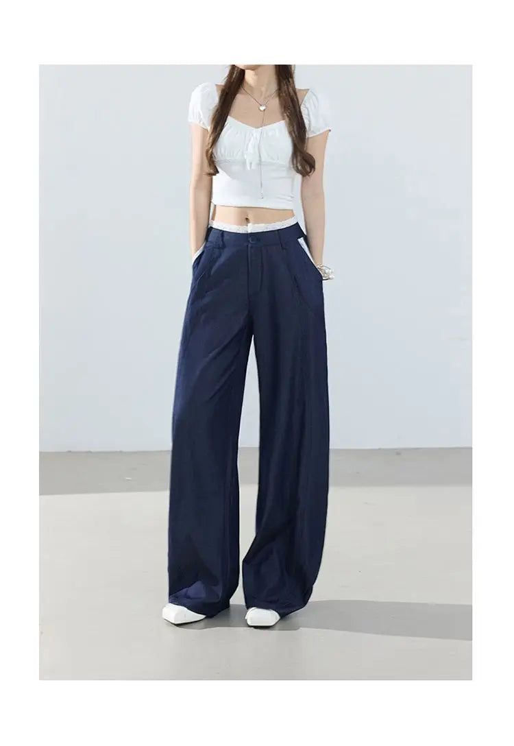 American-style retro loose wide-leg pants, lightweight curved pants, cool lace splicing, versatile casual pants for women