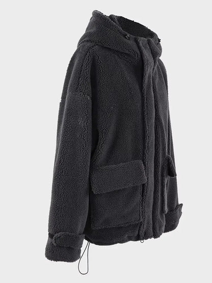 Nerazzurri Autumn Winter Oversized Black Warm Faux Fur Coat Women with Drawstring Hood Long Sleeve Zip Up Fluffy Jacket Menswear