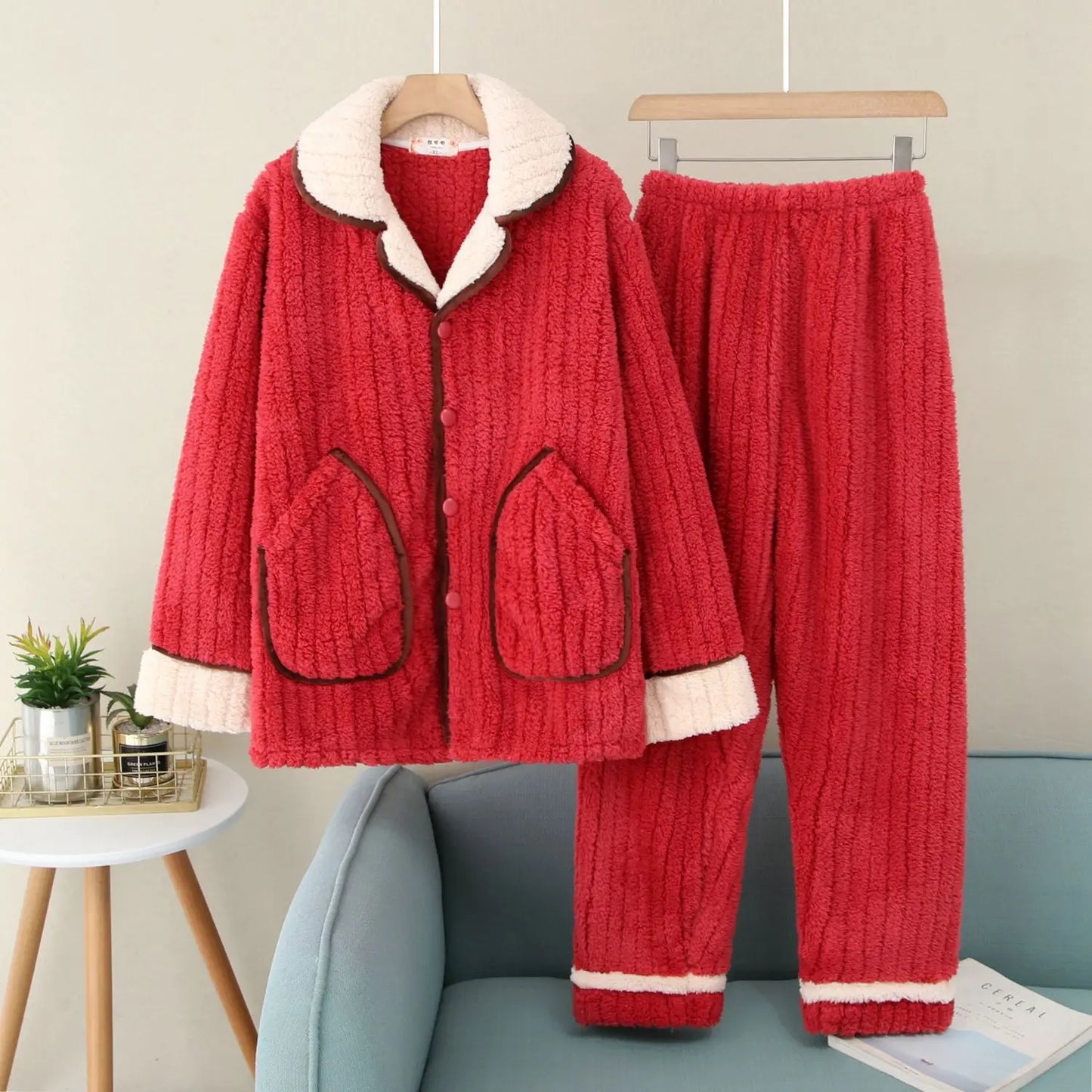 Men's Winter Spwear Thiened Fce Tee-layer Cotton Warm Home Clothes Set Coral Velvet Home Clothes Suitable for Outdo...