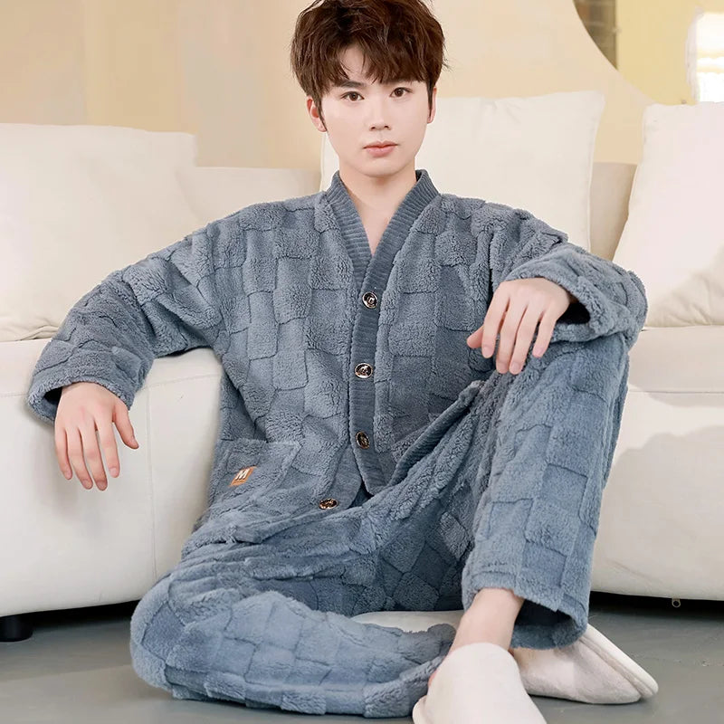 Thick Coral Fleece Sleepwear Men's Autumn Winter Casual Large Size Outdoor Wearable Flannel Home Clothes Set V-Neck Long Sleeve
