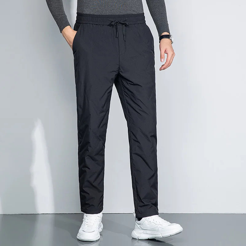 Winter Men Warm Puff Pant Black Thermal Goose Down Straight Trouser Adjustable Lacing Up Elastic Waist Design Cosy Menswear