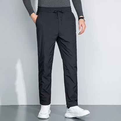 Winter Men Warm Puff Pant Black Thermal Goose Down Straight Trouser Adjustable Lacing Up Elastic Waist Design Cosy Menswear