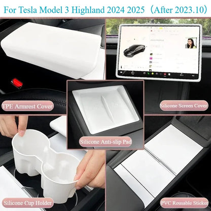 For Tesla Model Y Juniper 2025 White Interior Accessories Center Control Armrest Box Organizer Storage Box Cup Holder New Model3
