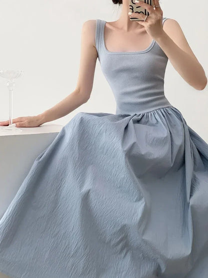 new Summer Patchwork Sleeveless Dress Vintage Female Fashion Casual Holiday Dress For Women Square Neck Long Party Dresses