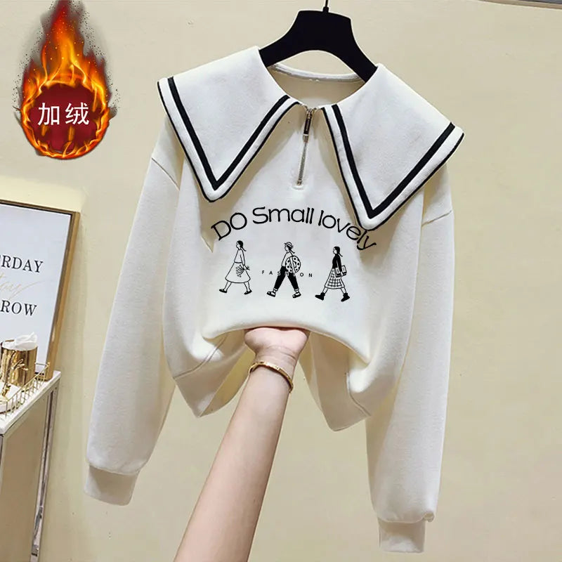 Teenage Girl's Fleece Lined Thickened Navy Collar Sweatshirt Small Size Winter Fashionable Clothing School Sweet Style Zipper