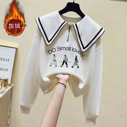 Teenage Girl's Fleece Lined Thickened Navy Collar Sweatshirt Small Size Winter Fashionable Clothing School Sweet Style Zipper