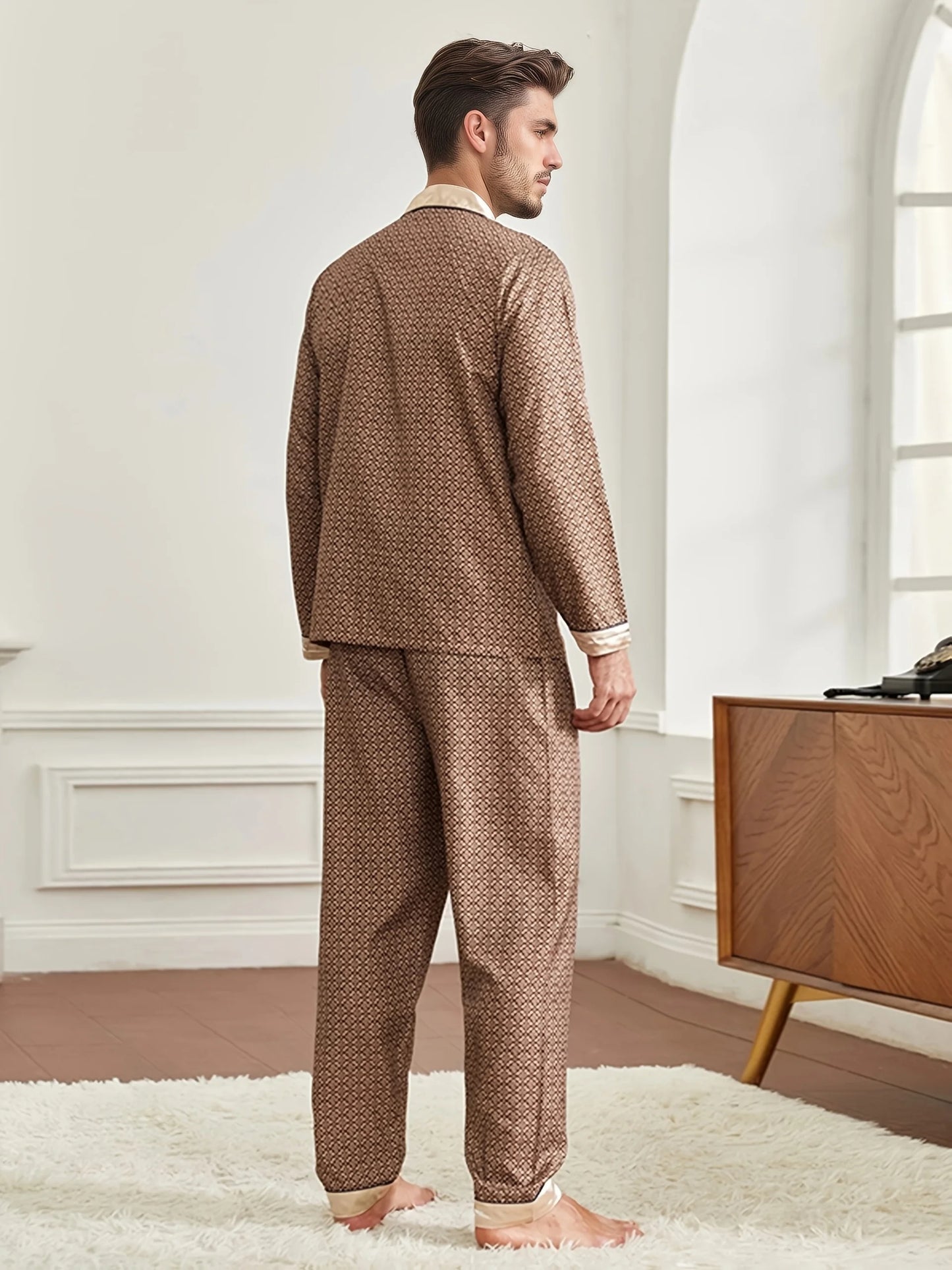 Men's Silky Satin 2PCS Pajama Set, Printed Long Sleeve Shirt & Elastic Waist Pants, Comfortable Homewear Loungewear Mens Pajamas