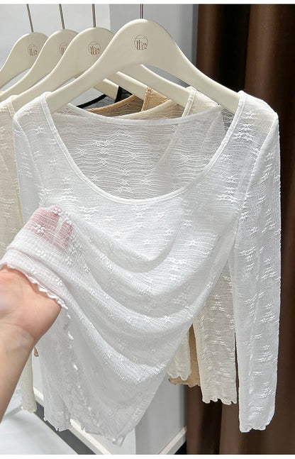 Sexy Lace Base Shirt Inner Wear Light Mesh Top Floral Trim Shoulder Exposure Thin Nylon Fabric Long Sleeve round Neck Spring ...