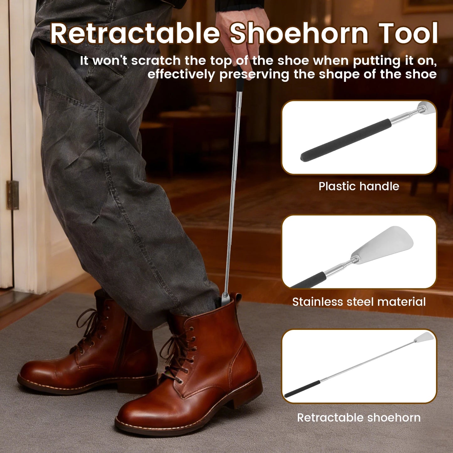 2Pcs Wooden Boot Jack and Retractable Shoe Horn Set Wellington Boot Remover with Mud Scraper Muddy Shoe Remover for Leather Boot