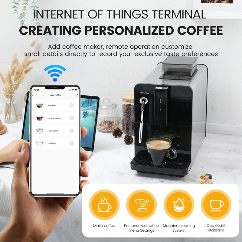 Mcilpoog HI02 Fully Automatic Espresso Machine  with Grinder & Steamer, WiFi Connected,, 5 Flavors  for Home and Office.Silver