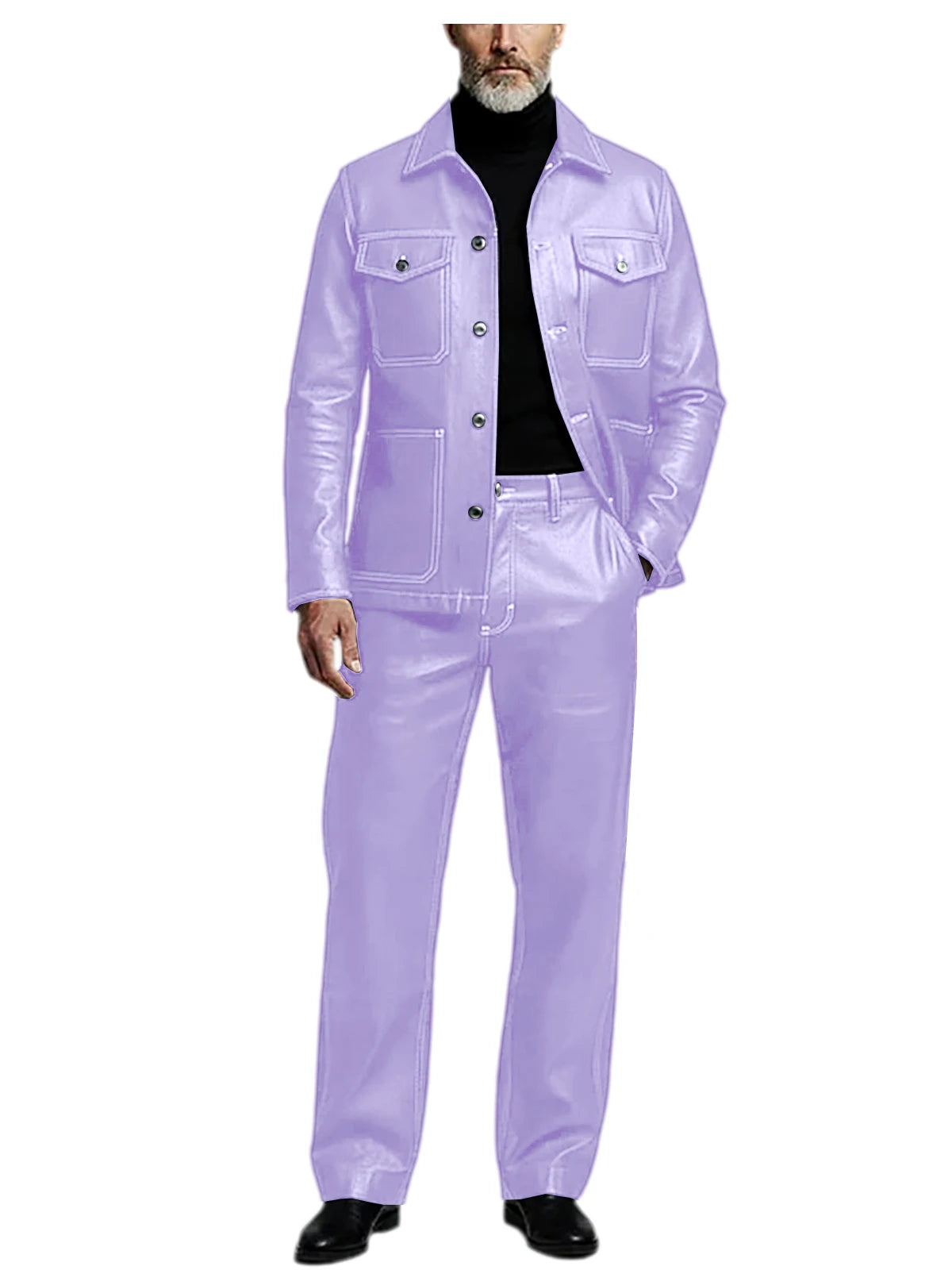 Men's 2 Piece PU Leather Suit Set Multi Pocket Shirt Collar Trucker Jacket Straight Leg Pants Business Casual Streetwear Outfits