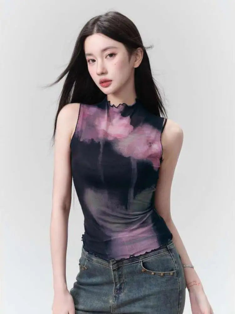 Yedinas Patchwork Tank Tops Summer 2024 Korean Fashion Mesh Tops Streetwear Sleeveless Tshirts Y2k Sheer Grunge Aesthetics