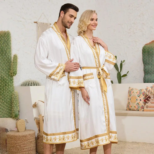 Baroque Style Couple Sleep Robe Long Sleeve Luxury Satin Bathrobe WP3403 Oversize Autumn Winter Home Clothes Men's Robe