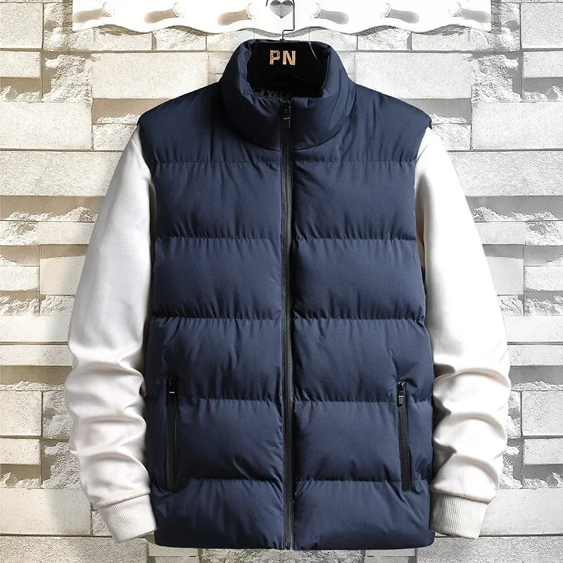 Casual jacket autumn and winter men's loose sleeveless zipper down vest men's solid color warm vest men's stand up collar jacket