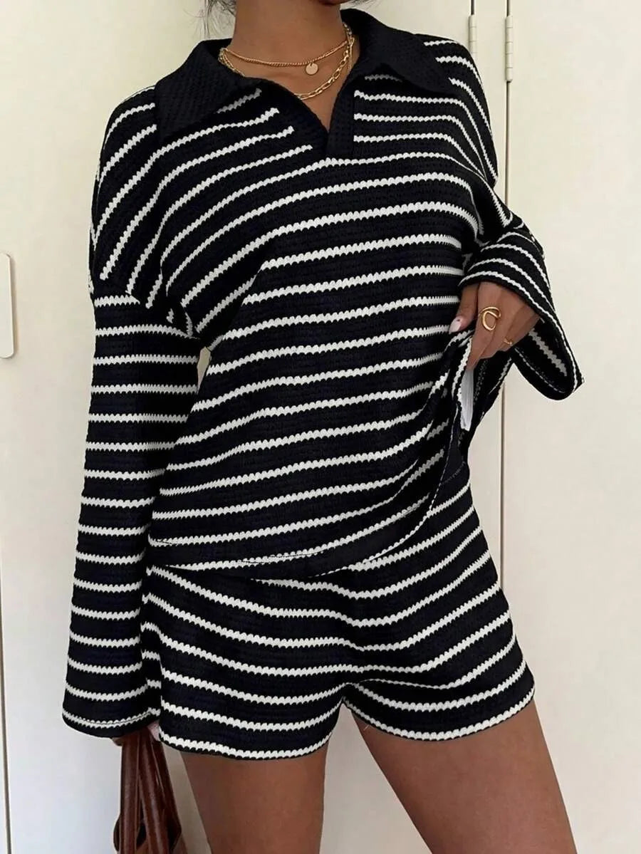 Women Striped Shorts Set Long Sleeve T-Shirt And Loose Casual Pants Breathable Two Piece Outfits For Summer Daily Loungewear