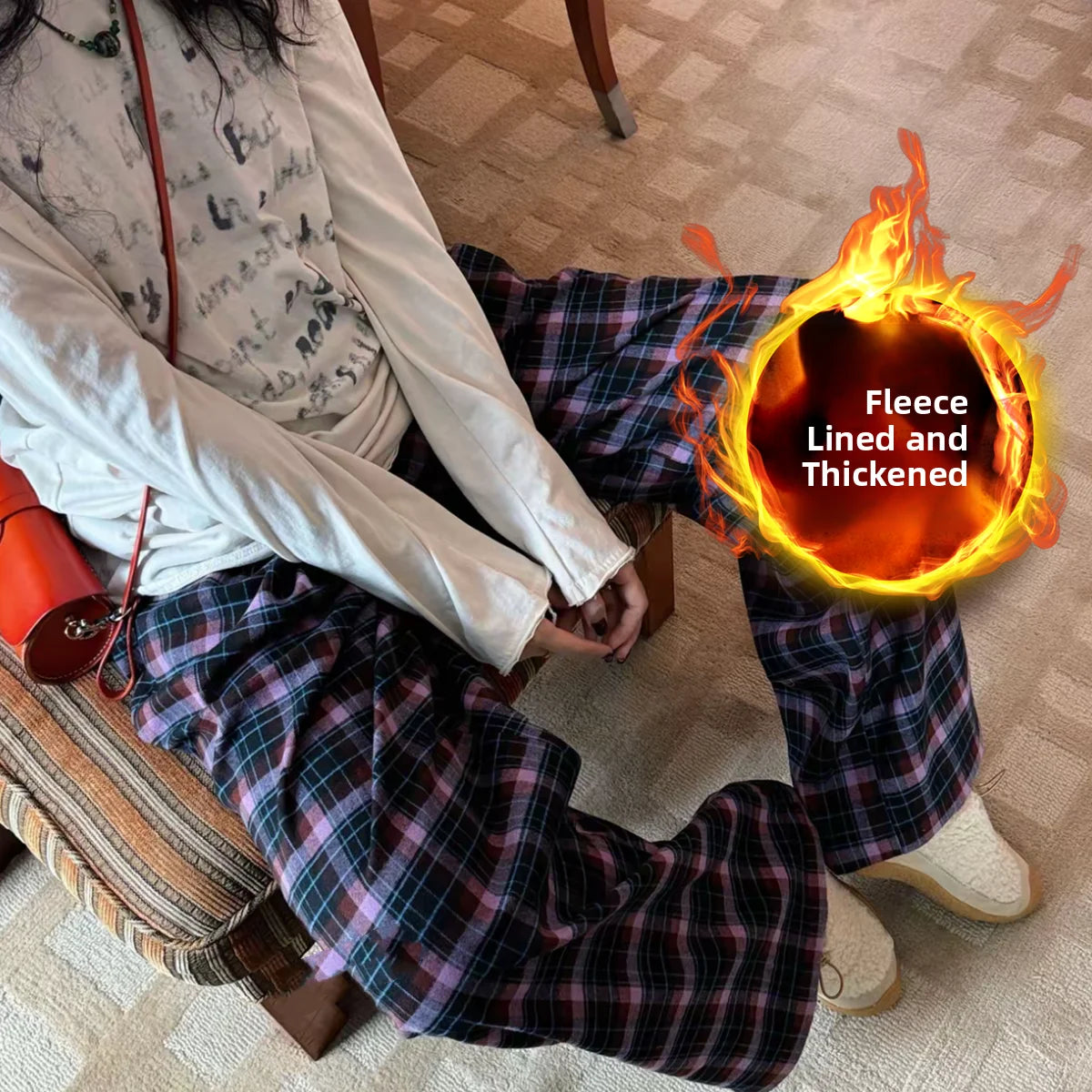 Lamb Velvet Fce Lined Thi Plaid Casual Pants Women's Autumn Winter Loose Straight Leg Wide Leg Cotton Spwear Trousers