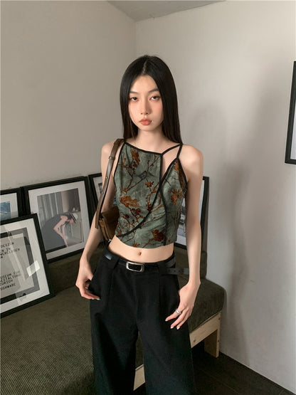 CHEERART Flocking Floral Vintage Crop Cami Top For Women Sleeveless Flower Green Tops Designer Clothes Luxury