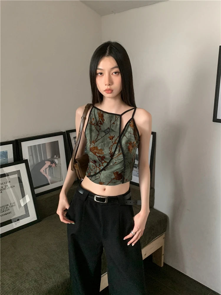 CHEERART Flocking Floral Vintage Crop Cami Top For Women Sleeveless Flower Green Tops Designer Clothes Luxury