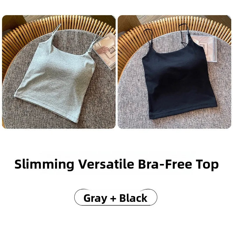 Summer New Small Strap Vest with Chest Pad Backless Integrated Inner And Outer Wear Slimming  Color Short Top for Women