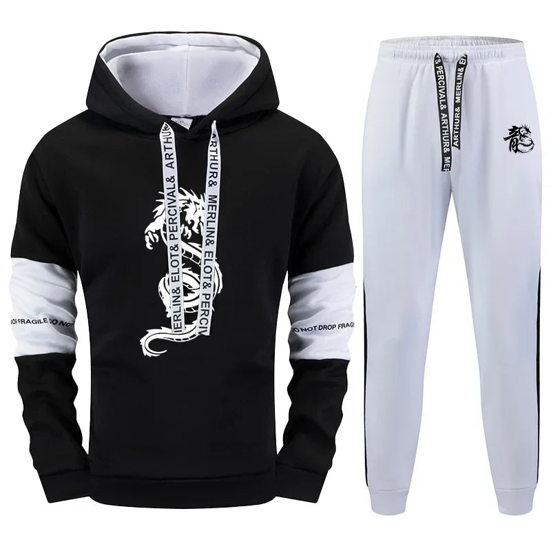 Chinese Dragon Print Men's Tracksuit Hoodies Sweatpants 2 Pcs Set Fashion Streetwear Outfit Fall Winter Casual Sport Jogger Suit