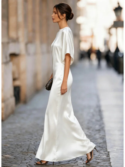 Women's Satin Maxi Dress Short Batwing Sleeve Elegant Evening Gown Flowy Party Dress Casual Formal Wear