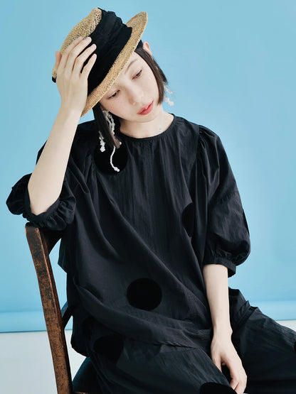 IMAKOKONI Original Design Black Polka Dot Half Sleeve Pullover T-shirt Loose Thin Casual Top Summer Women's 223688