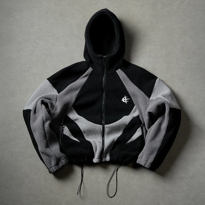 American Style Patchwork Polar Fleece Hooded Jacket Men Autumn Winter Warm Oversized Coat High Street Hip Hop Streetwear Man