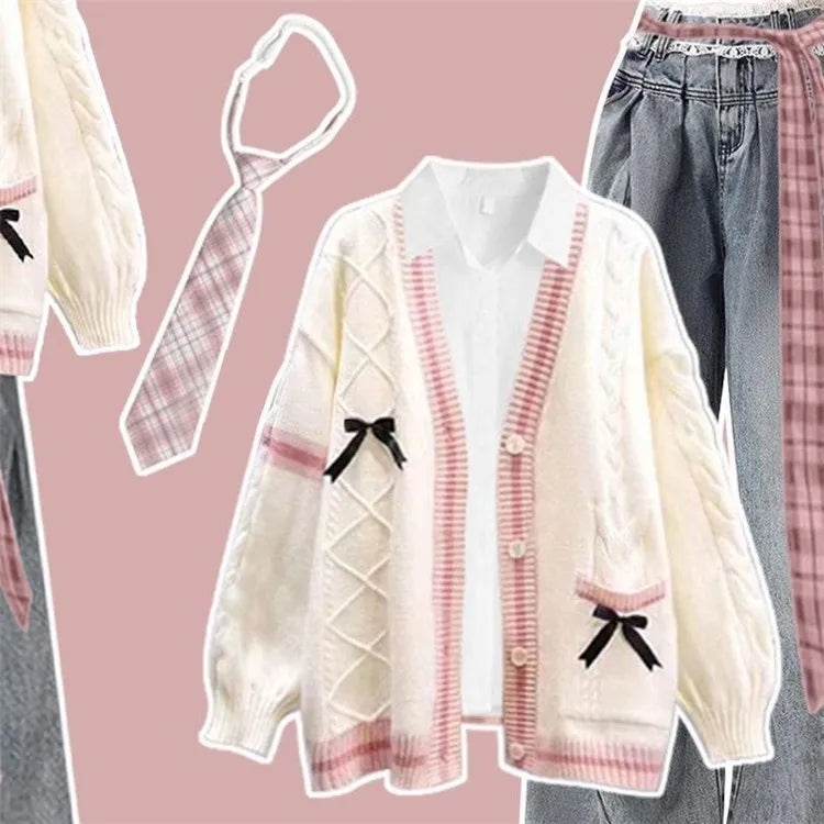 Korean Style Winter College Fashion Knitted Cardigan Jacket Beautiful Unique Miu Series Sweater Three Piece Set High Waist Pa...