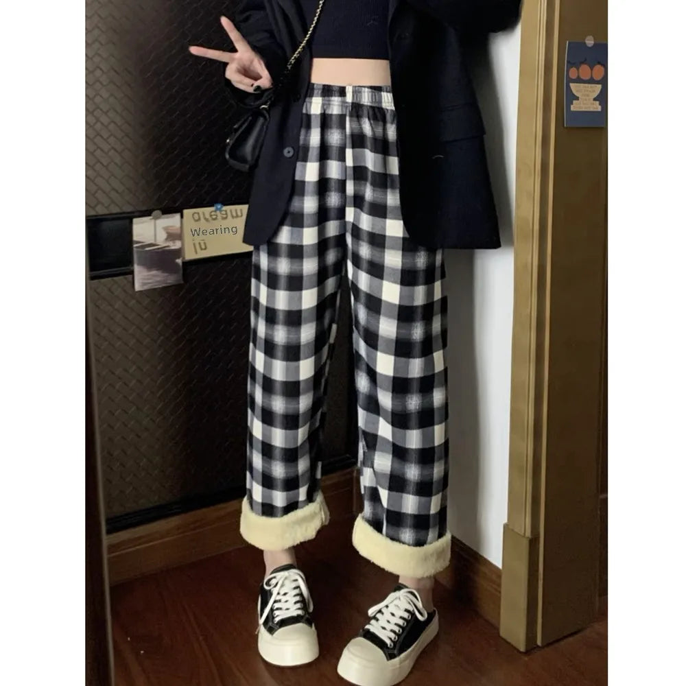 Lamb Velvet Fce Lined Thi Plaid Casual Pants Women's Autumn Winter Loose Straight Leg Wide Leg Cotton Spwear Trousers