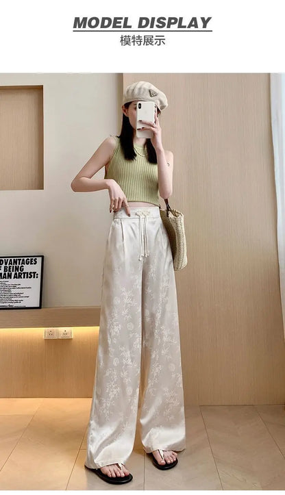 High Waist Loose Straight Pants with Button Knot Pocket New Chinese Style Satin Wide Leg Pants Spring Summer Trousers Pink Black