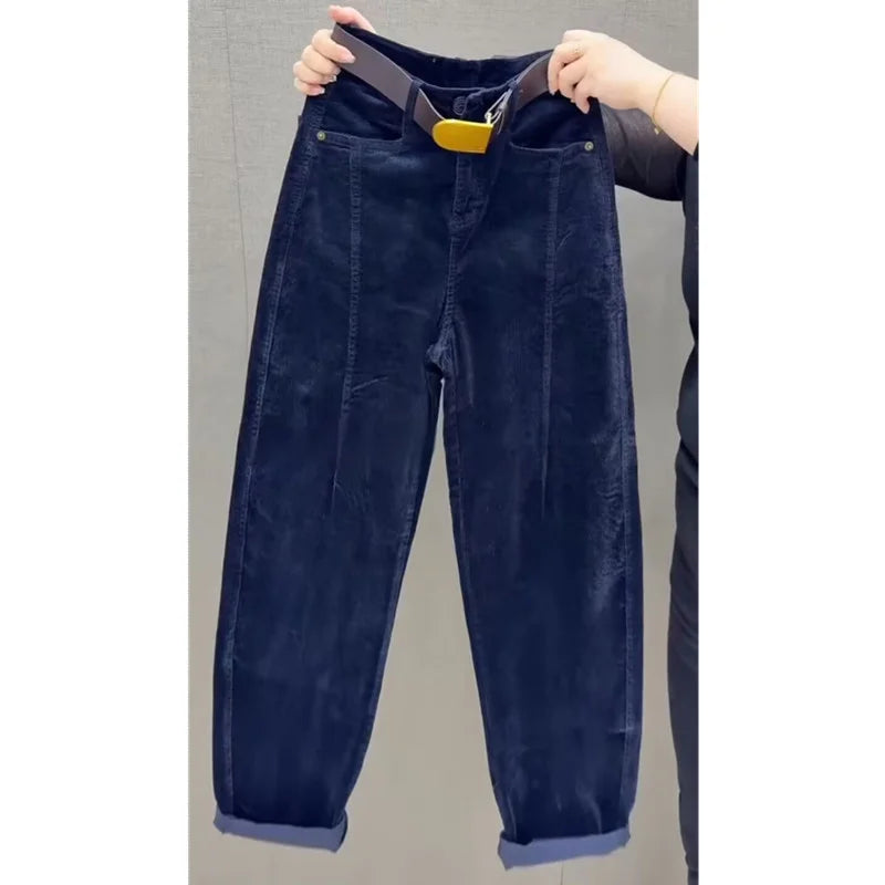 High Waist Cotton Corduroy Harlan Pants Slim Fit Casual Nine Point Knife  Straight Leg Crop Leisure Long Trousers